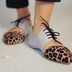 Cheetah Calf Hair Leather Animal Print Oxford Flat Shoes by Lordess, INDIGENOUS